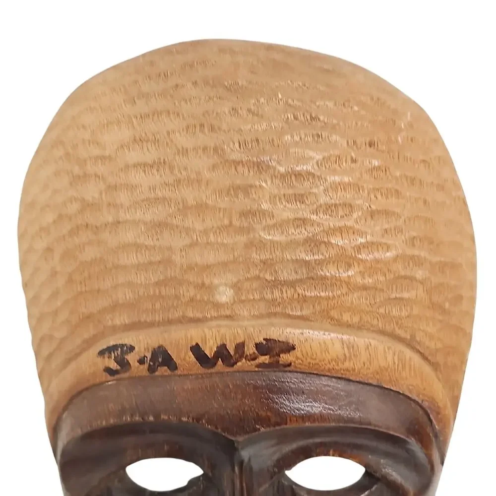 Signed Artisan Hand Carved African Tribal Brown and Tan Face Mask Wall Art 13